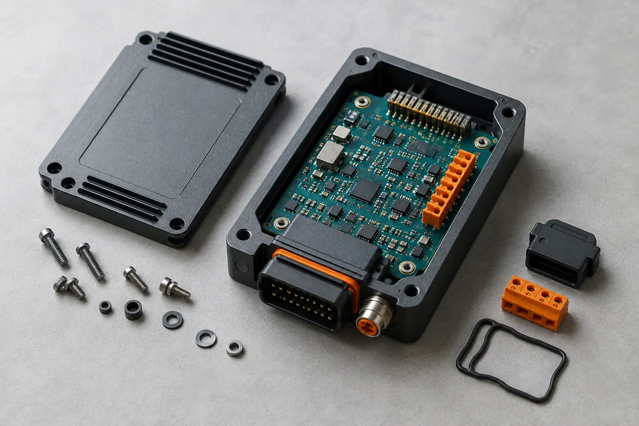Illustrative industrial sensing module with a PCB, enclosure and removable lid