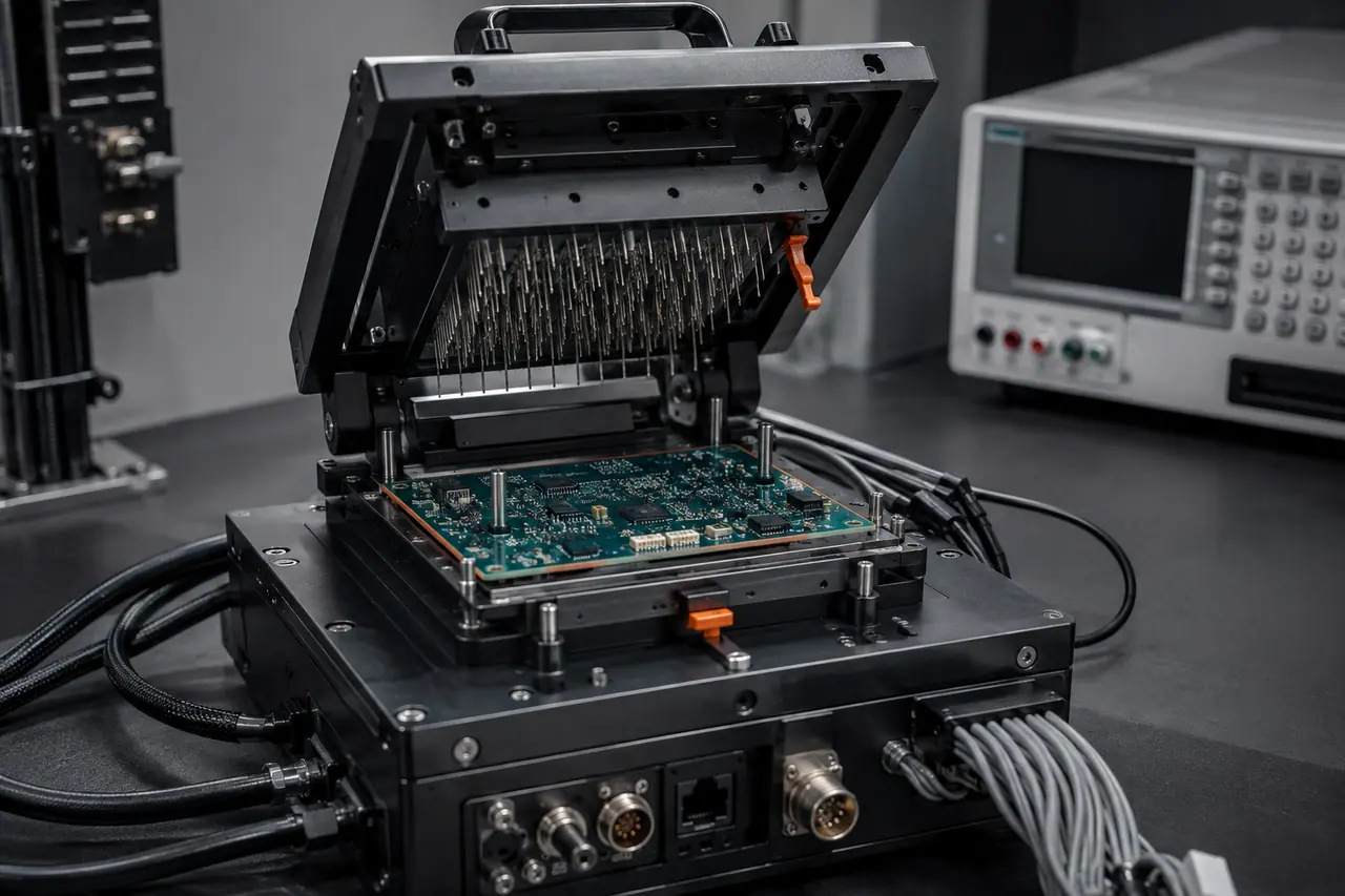 Illustrative automated test fixture with a circuit board and organised test interfaces