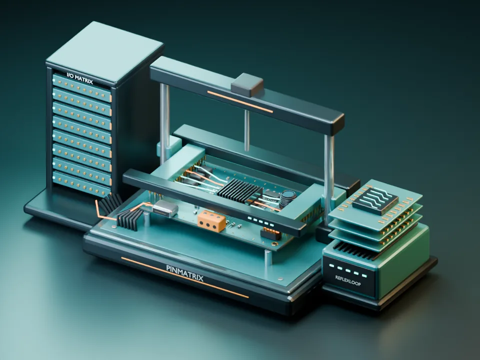 DVAR PinMatrix product concept with a probe fixture and connected electronic test hardware