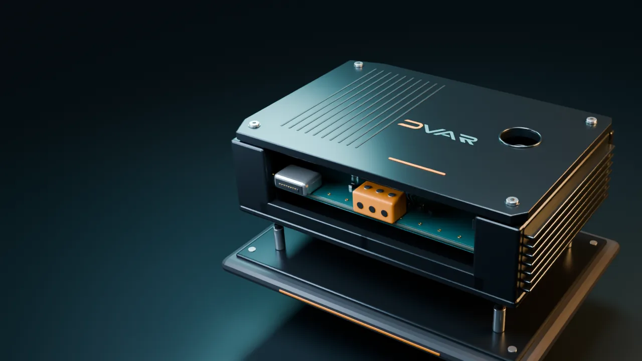 Assembled DVAR-branded enclosure concept on an engineering fixture