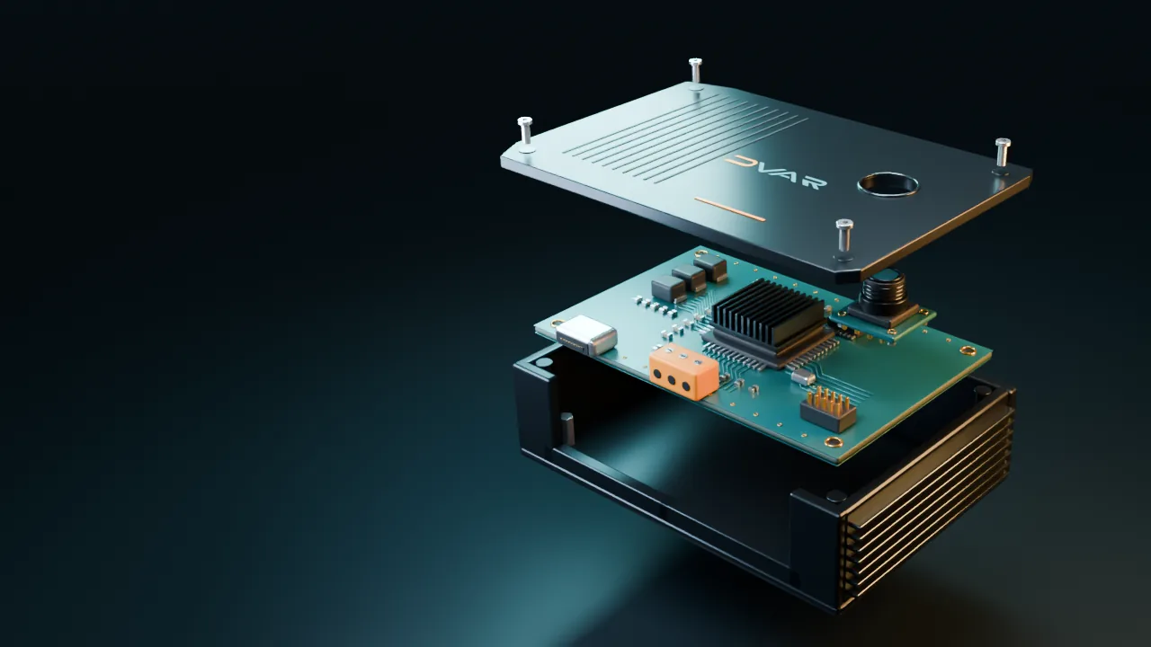 Exploded electronic product concept with separated lid, sensor, circuit board and enclosure