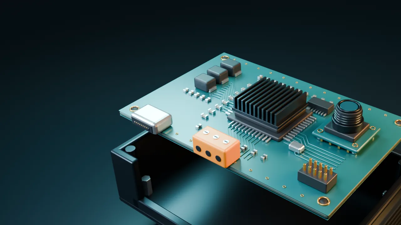Three-dimensional electronic product concept showing a populated circuit board and enclosure