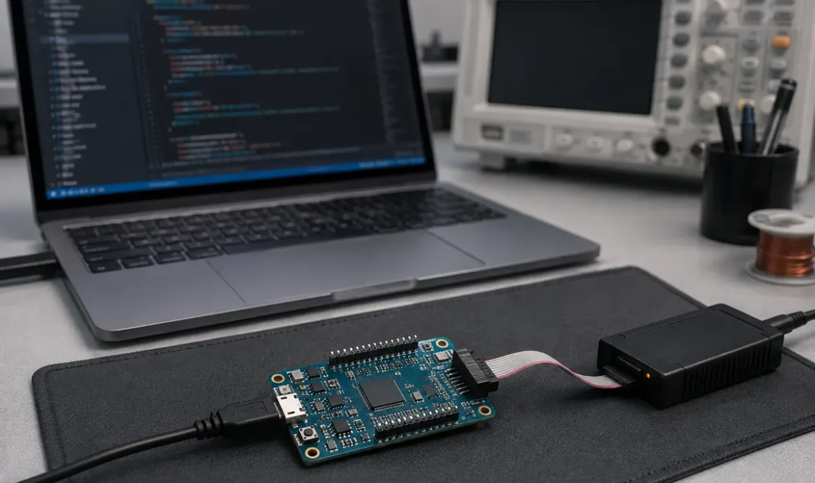 Illustrative firmware development bench with a microcontroller board, debug probe and laptop