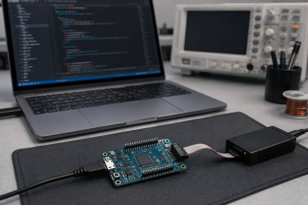 Illustrative firmware development bench with a microcontroller board, debug probe and laptop