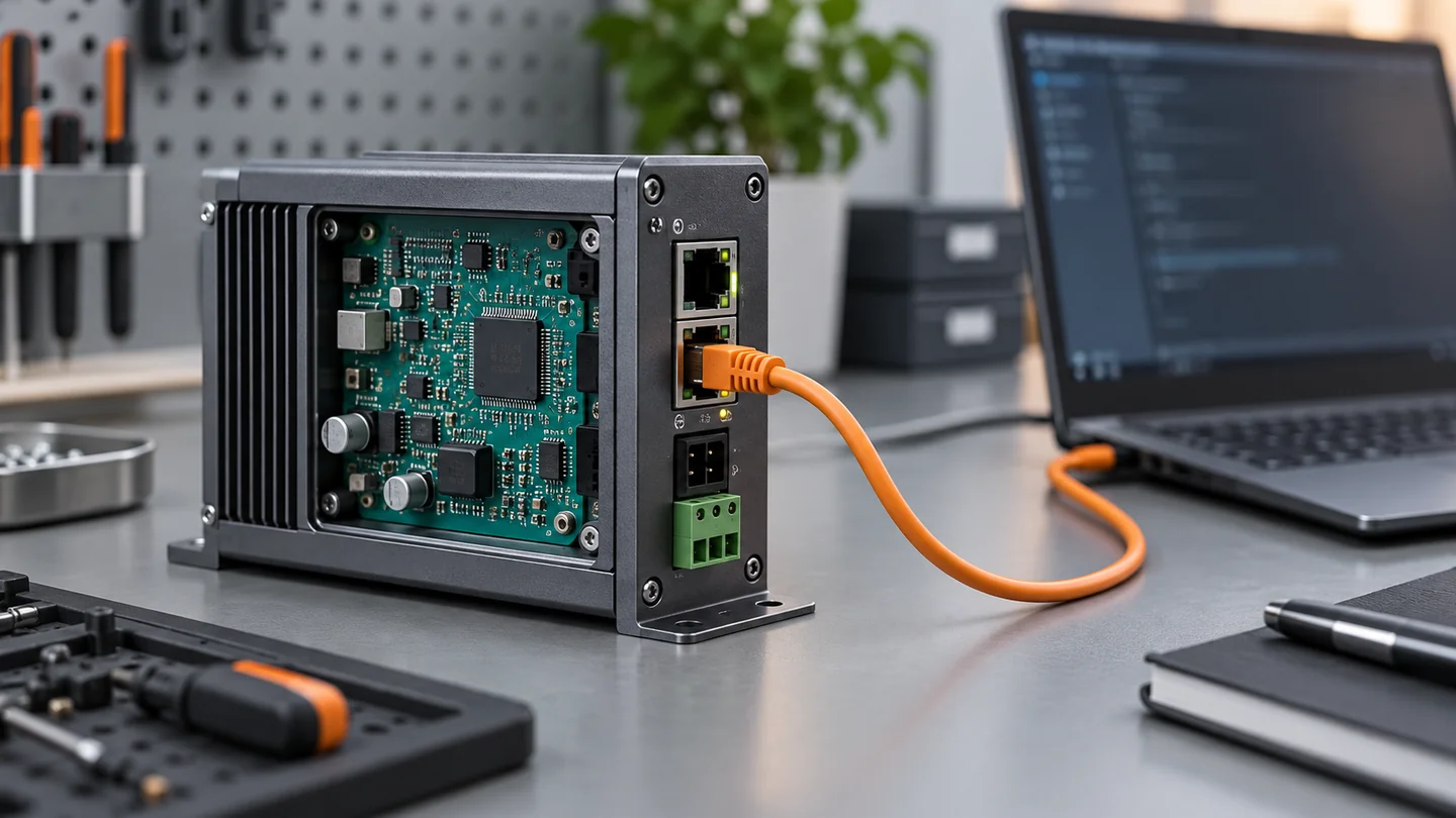 Illustrative industrial network gateway and electronics board beside a laptop