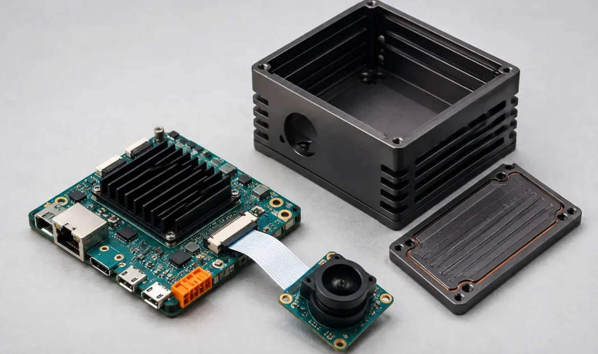 Illustrative embedded vision module with a camera, processor board and aluminium enclosure