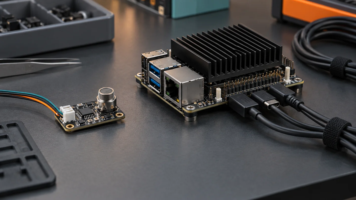 Illustrative sensor PCB and compact edge-computing module on an electronics workbench