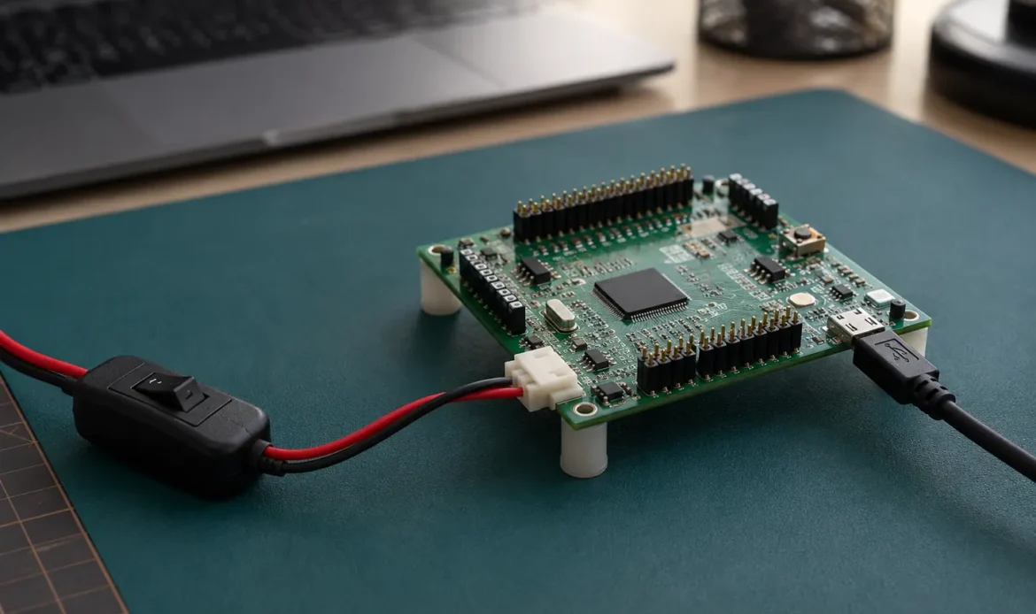 Illustrative low-voltage firmware development board, power switch and debugging cable on a work mat