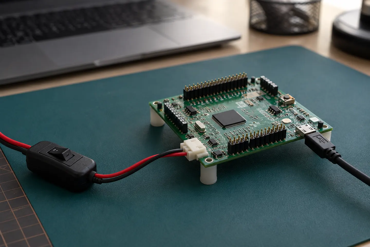 Illustrative low-voltage firmware development board, power switch and debugging cable on a work mat