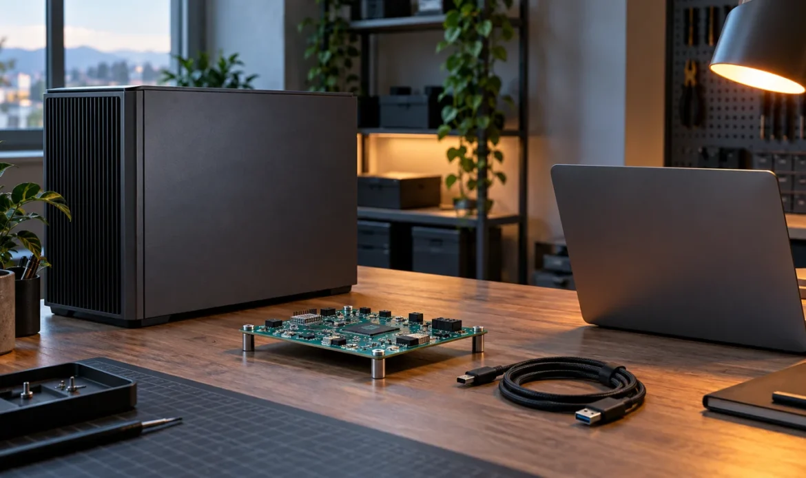 Illustrative engineering workstation with a development PCB, compute workstation and debug cable