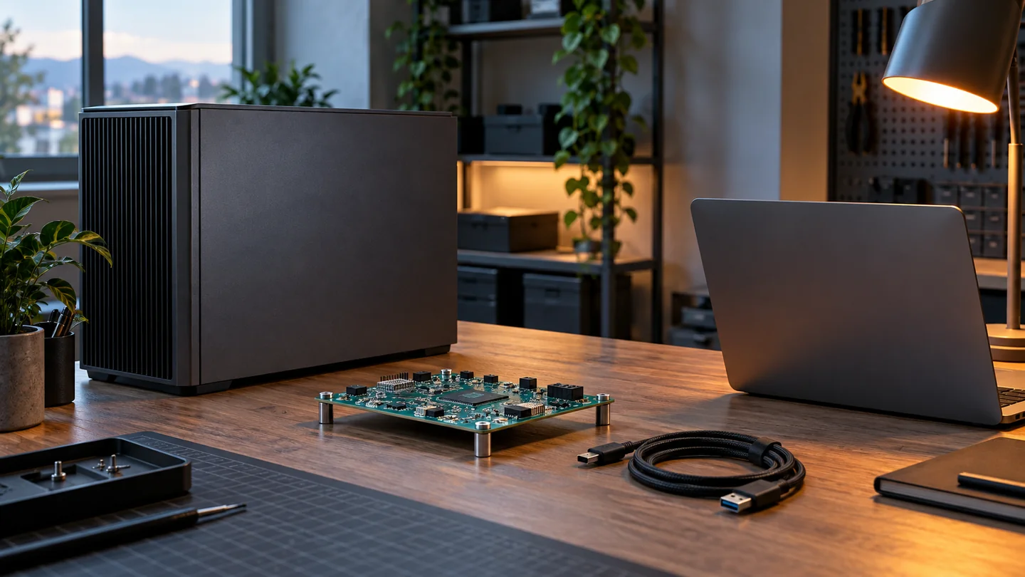 Illustrative engineering workstation with a development PCB, compute workstation and debug cable