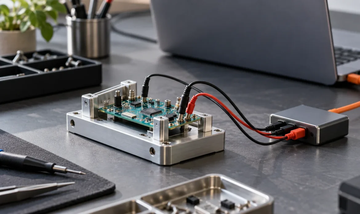 Illustrative low-voltage PCB test fixture with organised leads and a USB test interface