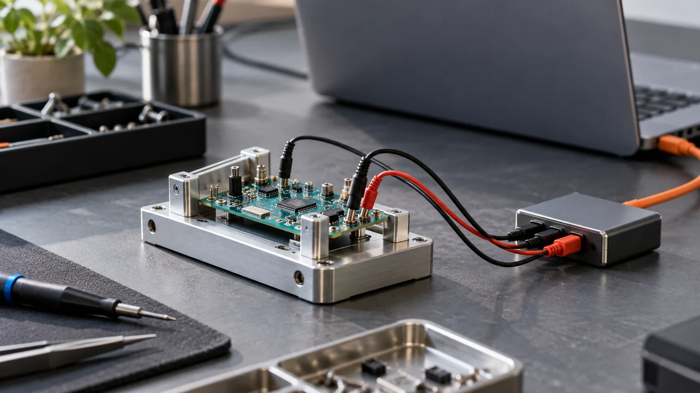 Illustrative low-voltage PCB test fixture with organised leads and a USB test interface