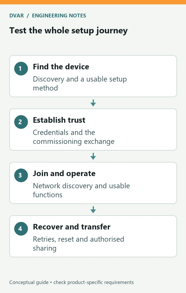 Test the whole setup journey: Find the device — Discovery and a usable setup method; Establish trust — Credentials and the commissioning exchange; Join and operate — Network discovery and usable functions; Recover and transfer — Retries, reset and authorised sharing