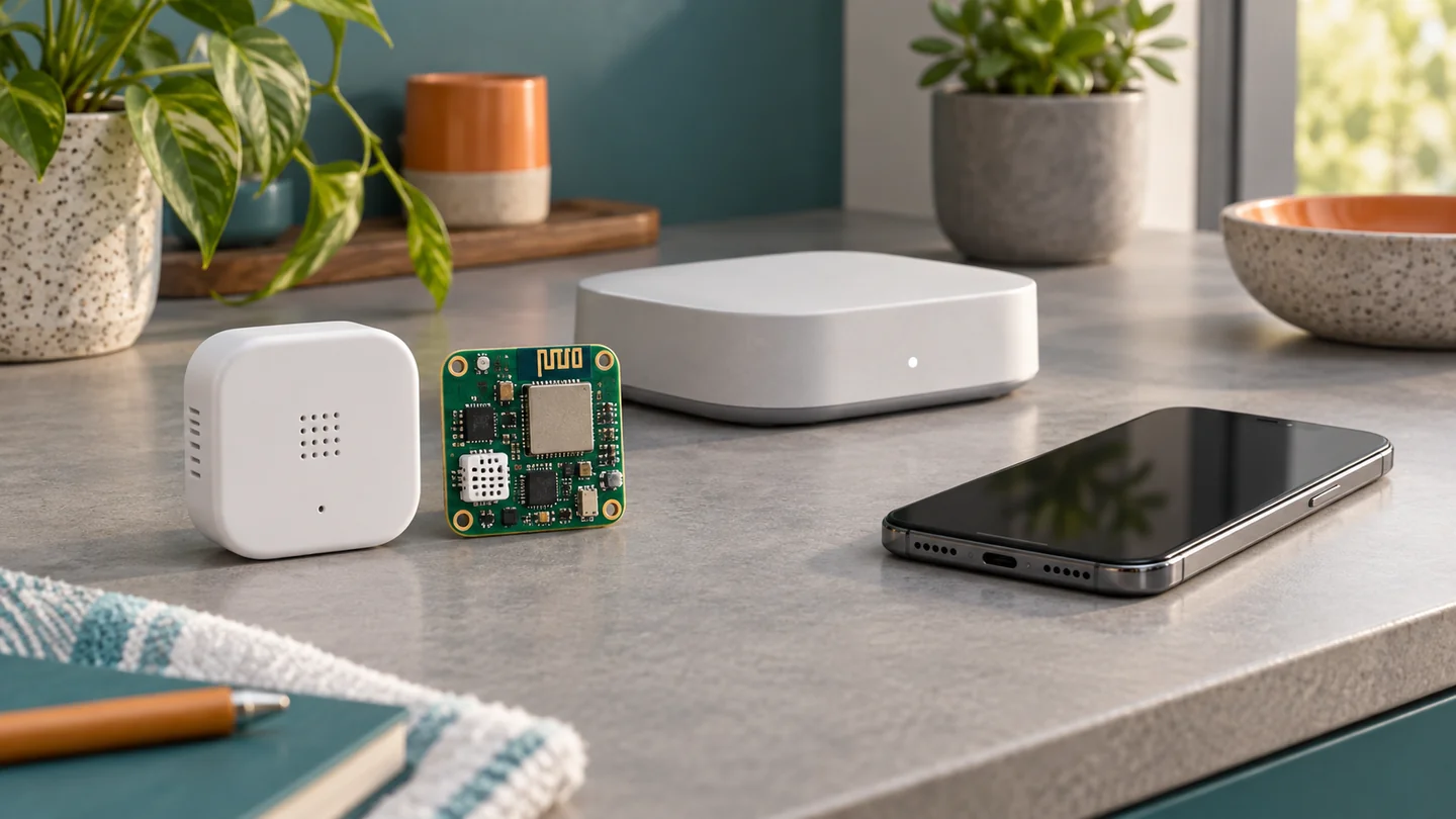Illustrative wireless sensor, gateway and smartphone for connected-product setup testing