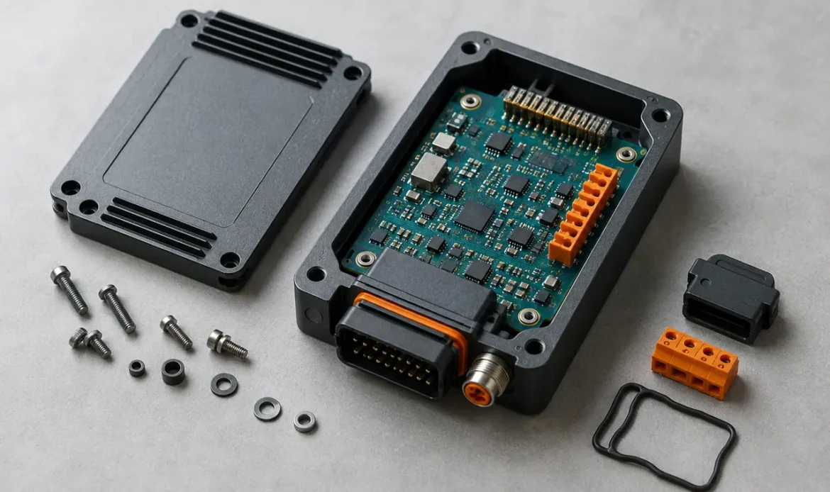Illustrative electronic module with PCB and enclosure