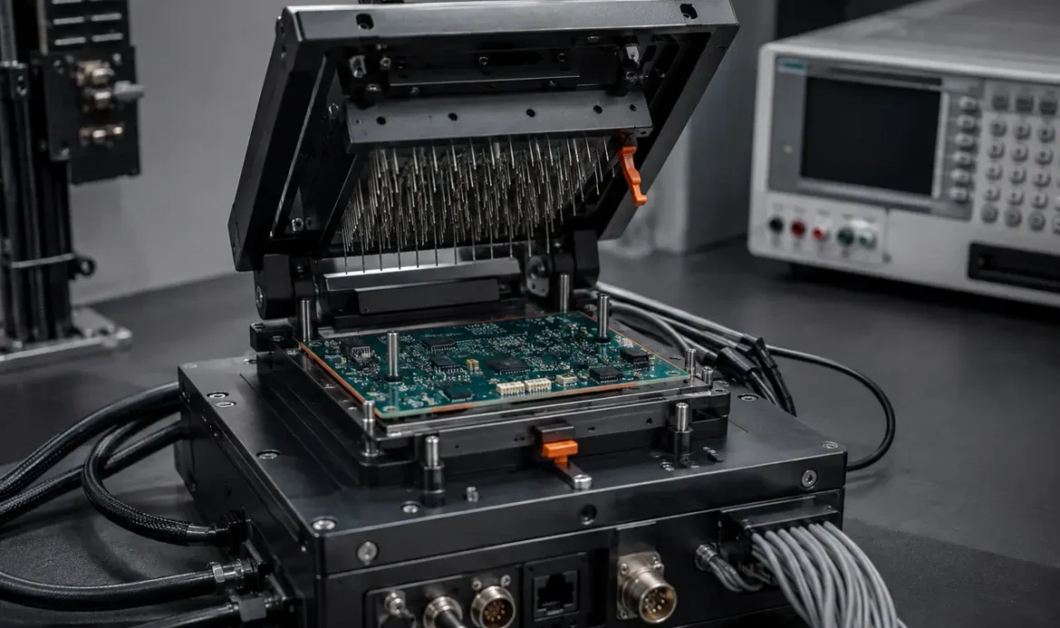 Illustrative automated test fixture with a PCB