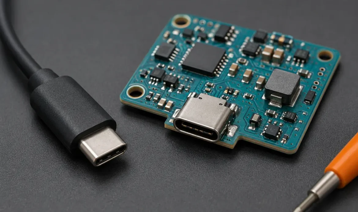 Illustrative USB-C power-input circuit board with an unplugged cable on an electronics work mat