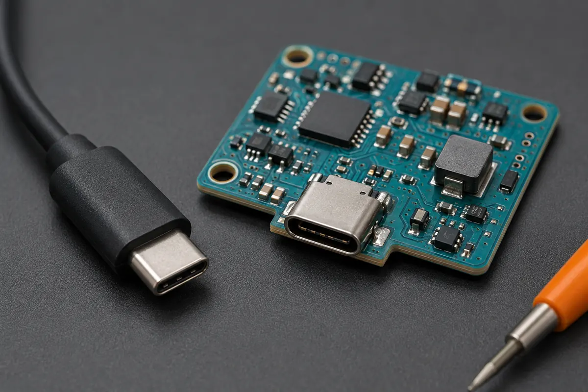 Illustrative USB-C power-input circuit board with an unplugged cable on an electronics work mat