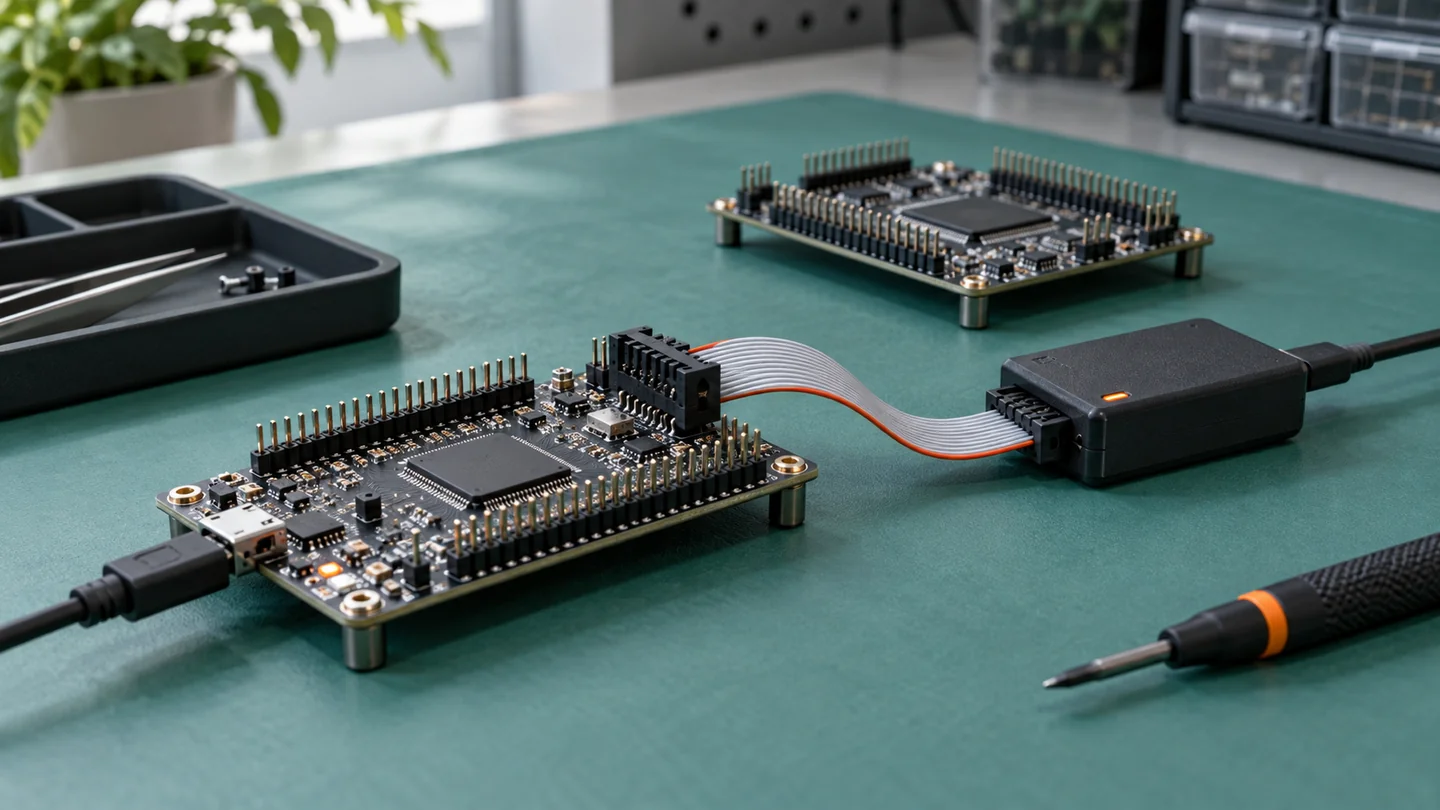 Illustrative microcontroller boards and a debug adapter on an anti-static work mat