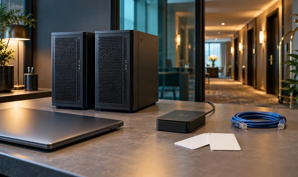 Illustrative hotel back-office workspace with replacement servers and a generic keycard encoder