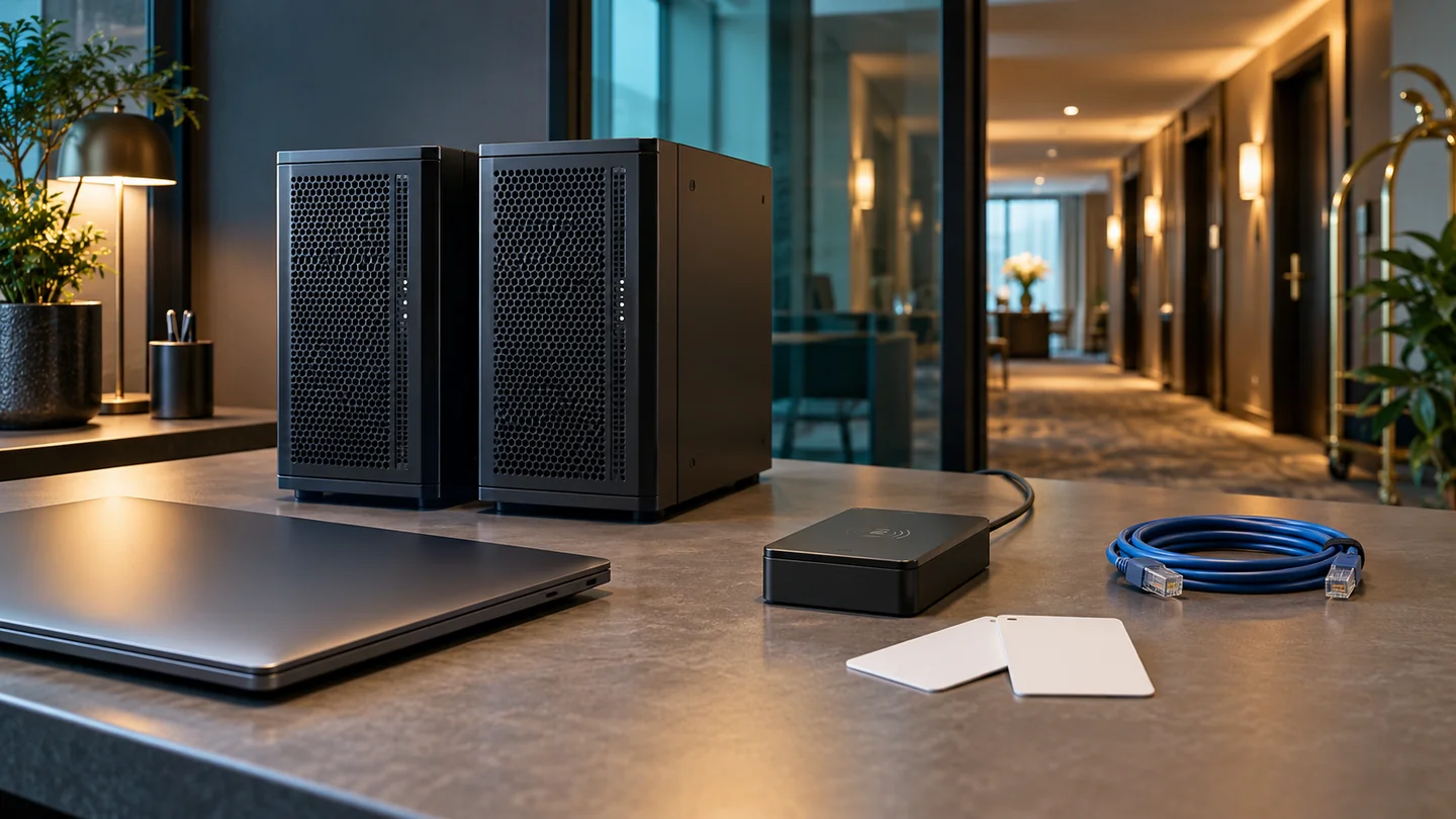 Illustrative hotel back-office workspace with replacement servers and a generic keycard encoder